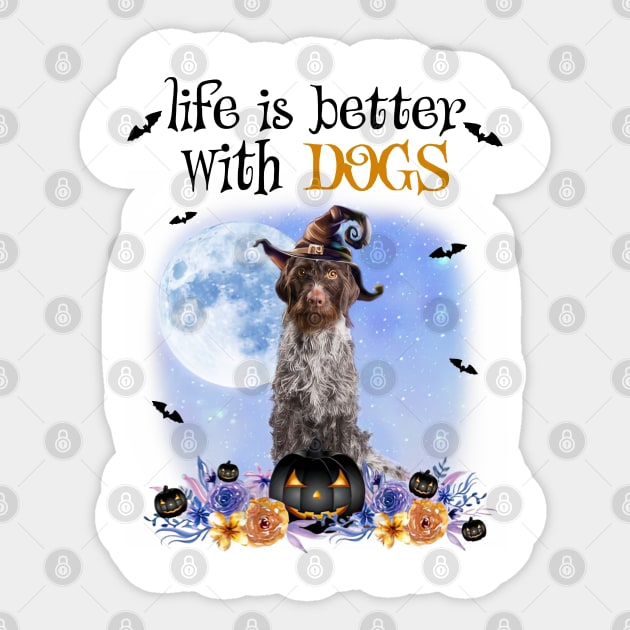 German Wirehaired Pointer Witch Hat Life Is Better With Dogs Sticker by cyberpunk art